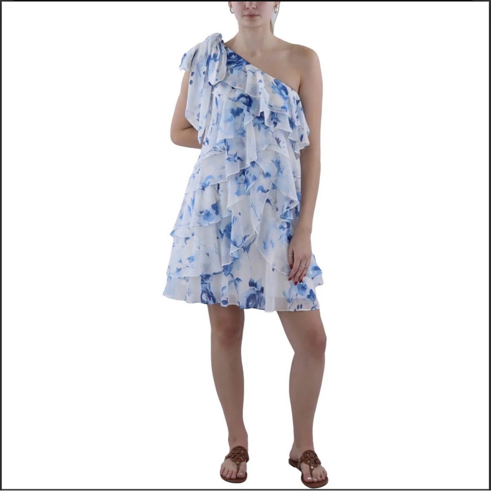 Elegant Blue Floral One-Shoulder Dress Ralph Lauren size 8